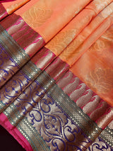 Peach with Multi-Color Borders Banarasi saree in soft cotton silk with buttas with banarasi borders & green pallu — Kaash Collection