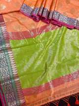 Peach with Multi-Color Borders Banarasi saree in soft cotton silk with buttas with banarasi borders & green pallu — Kaash Collection