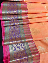 Peach with Multi-Color Borders Banarasi saree in soft cotton silk with buttas with banarasi borders & green pallu — Kaash Collection