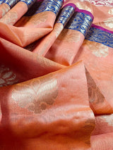 Peach with Multi-Color Borders Banarasi saree in soft cotton silk with buttas with banarasi borders & green pallu — Kaash Collection