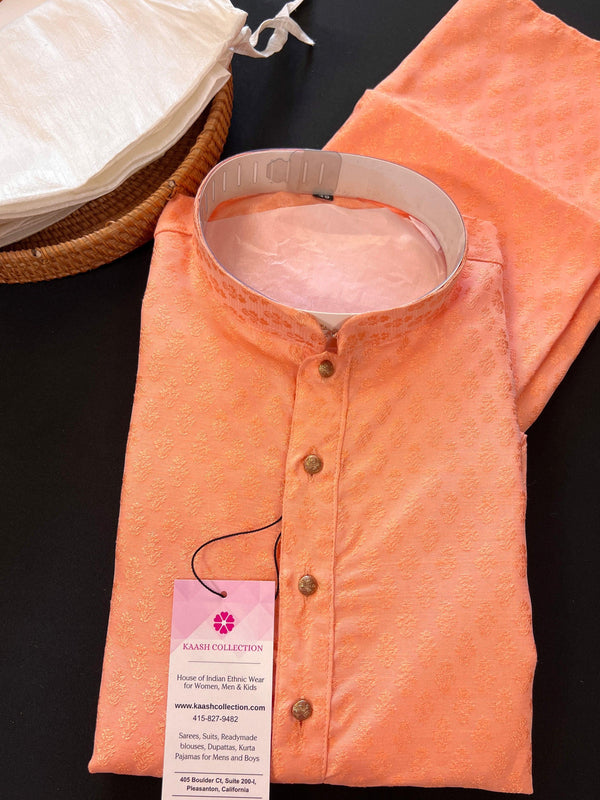 Peach Soft Silk Men Kurta Pajama Set with embroidery design and cotton Pajama | Mens Ethnic Wear | Peach Color Kurta - Kaash