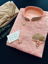 Peachy Pink Boys 2pcs Jacket-Style 2-piece (no inner included) kurta pajama set for boys with long jacket-style with floral patterns — Kaash Collection