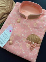 Peachy Pink Boys 2pcs Jacket-Style 2-piece (no inner included) kurta pajama set for boys with long jacket-style with floral patterns — Kaash Collection