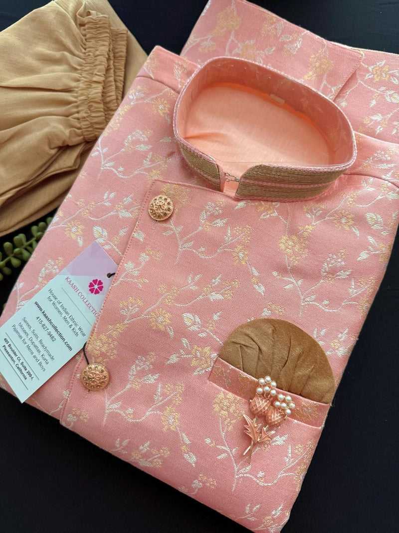Peachy Pink Boys 2pcs Jacket-Style 2-piece (no inner included) kurta pajama set for boys with long jacket-style with floral patterns — Kaash Collection