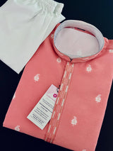 Peachy Pink men's kurta pajama in soft raw silk with self-weave design with cotton lining — Kaash Collection