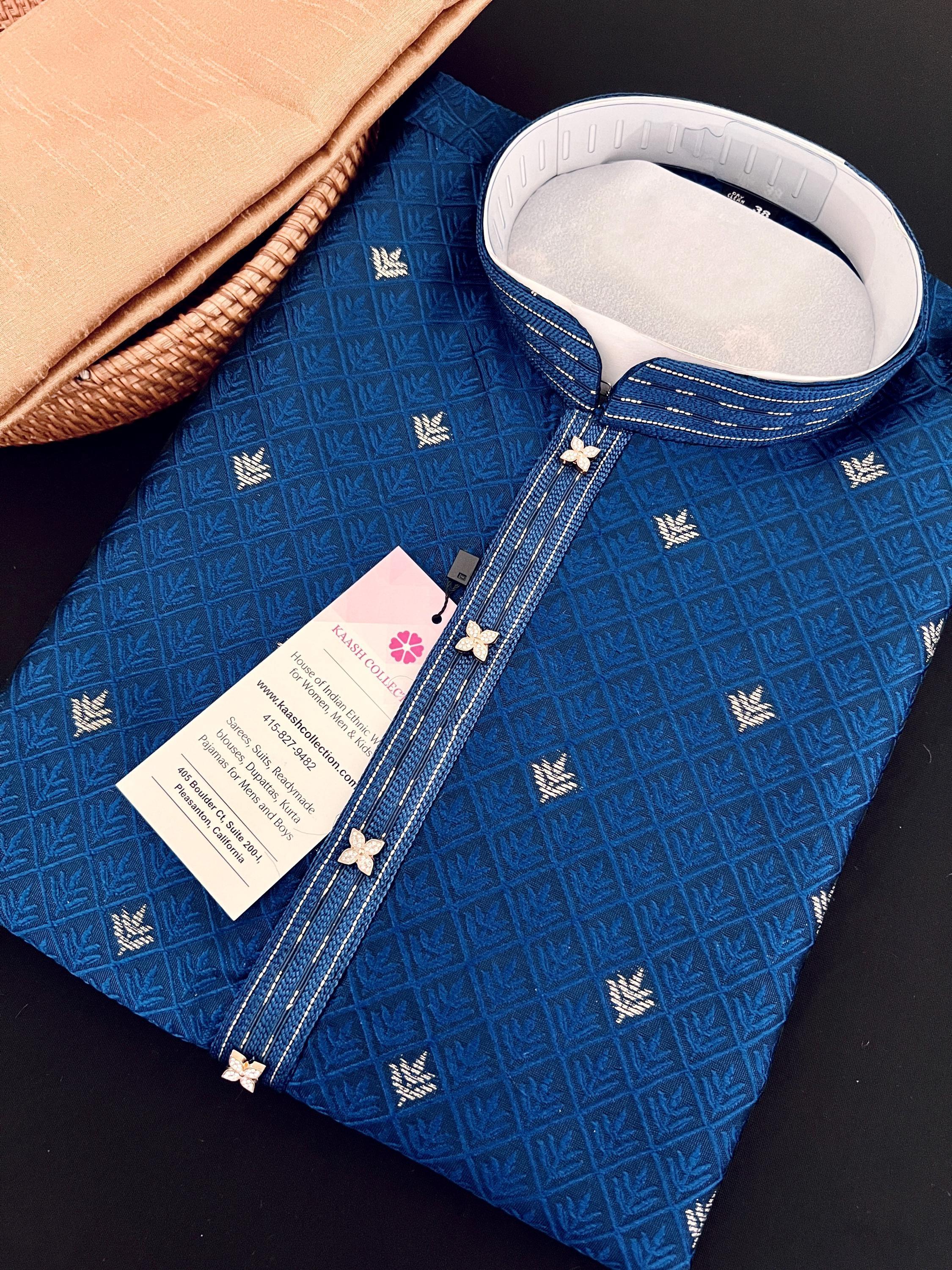 Peacock Blue Men Kurta Pajama | Self Design embroidery Style with Zari ...