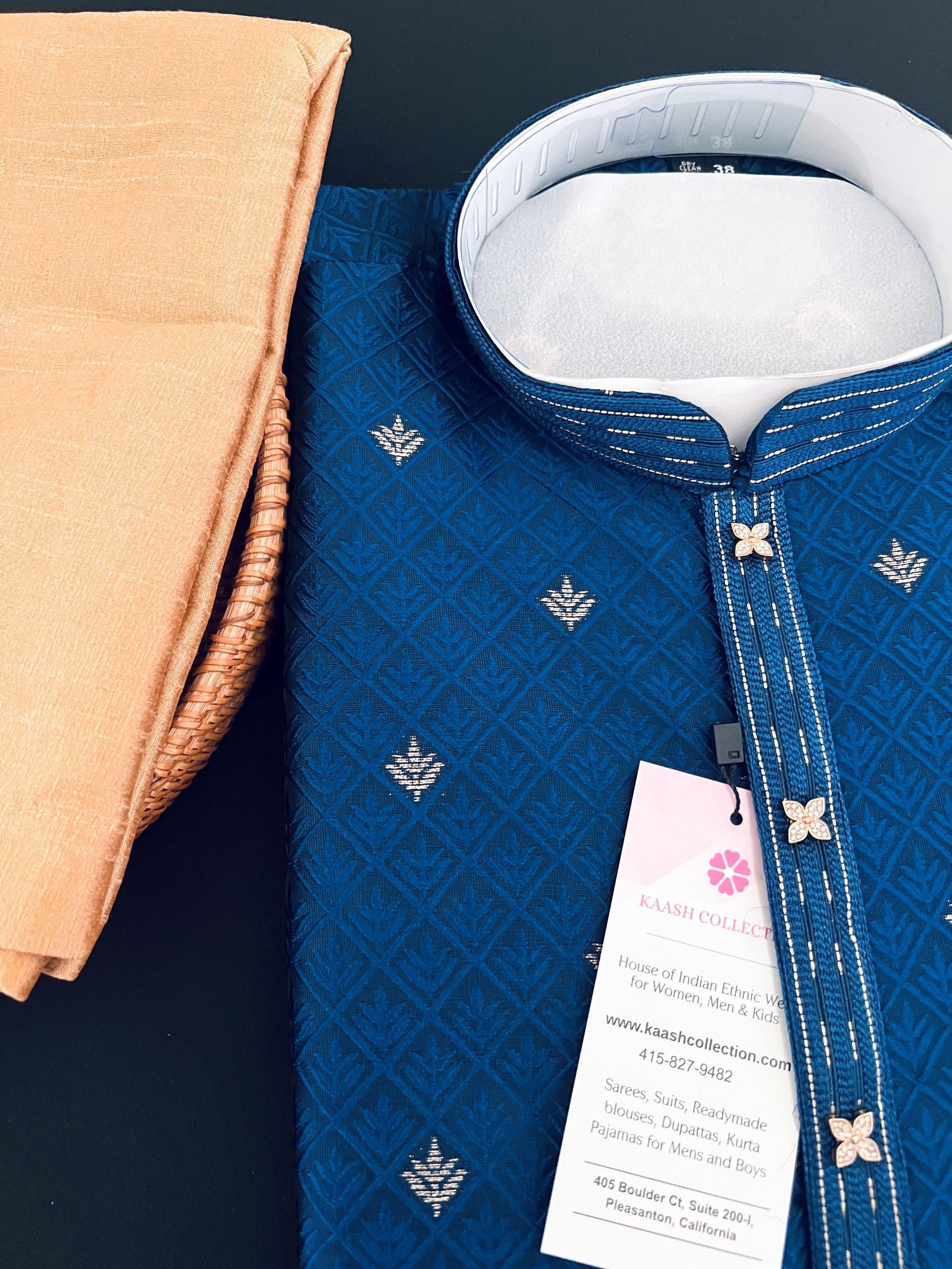 Peacock Blue Men Kurta Pajama | Self Design embroidery Style with Zari ...