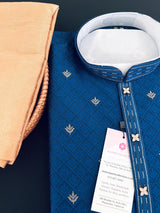 Peacock Blue men's kurta pajama in soft silk (non-pure) with small zari butti weaving with self-design — Kaash Collection