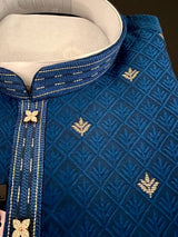 Peacock Blue men's kurta pajama in soft silk (non-pure) with small zari butti weaving with self-design — Kaash Collection