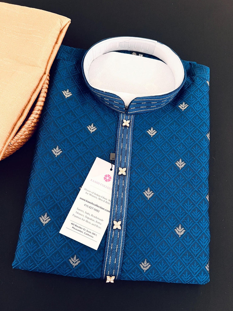 Peacock Blue men's kurta pajama in soft silk (non-pure) with small zari butti weaving with self-design — Kaash Collection
