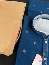 Peacock Blue men's kurta pajama in soft silk (non-pure) with small zari butti weaving with self-design — Kaash Collection