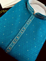 Peacock Blue men's kurta pajama in soft silk with peacock green undertone embroidery with buttis — Kaash Collection