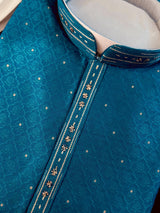 Peacock Blue men's kurta pajama in soft silk with peacock green undertone embroidery with buttis — Kaash Collection