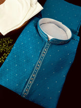 Peacock Blue men's kurta pajama in soft silk with peacock green undertone embroidery with buttis — Kaash Collection