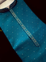 Peacock Blue men's kurta pajama in soft silk with peacock green undertone embroidery with buttis — Kaash Collection