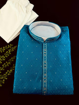 Peacock Blue men's kurta pajama in soft silk with peacock green undertone embroidery with buttis — Kaash Collection