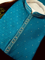 Peacock Blue men's kurta pajama in soft silk with peacock green undertone embroidery with buttis — Kaash Collection