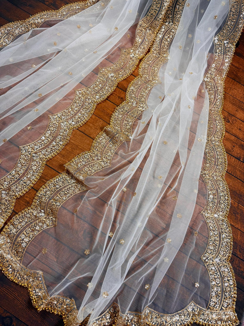 Pearl White Color Net Dupatta with Gold Zari, Sequin and Beads - Kaash