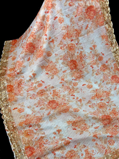 Pearl White Soft Organza Saree: Floral Digital Print, Sequin, Zari Work Party Wear - Kaash