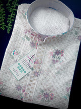 Pearl White men's kurta pajama in premium silk blend with digital prints, fine embroidery & subtle sequin — Kaash Collection