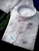 Pearl White men's kurta pajama in premium silk blend with digital prints, fine embroidery & subtle sequin — Kaash Collection