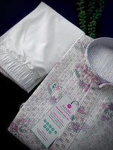 Pearl White men's kurta pajama in premium silk blend with digital prints, fine embroidery & subtle sequin — Kaash Collection