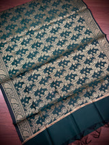 Pine Green Banarasi Silk Jaal Designer Dupatta with Muted Gold Zari| Light Weight Dupatta | Stole | Benarasi Dupatta - Kaash