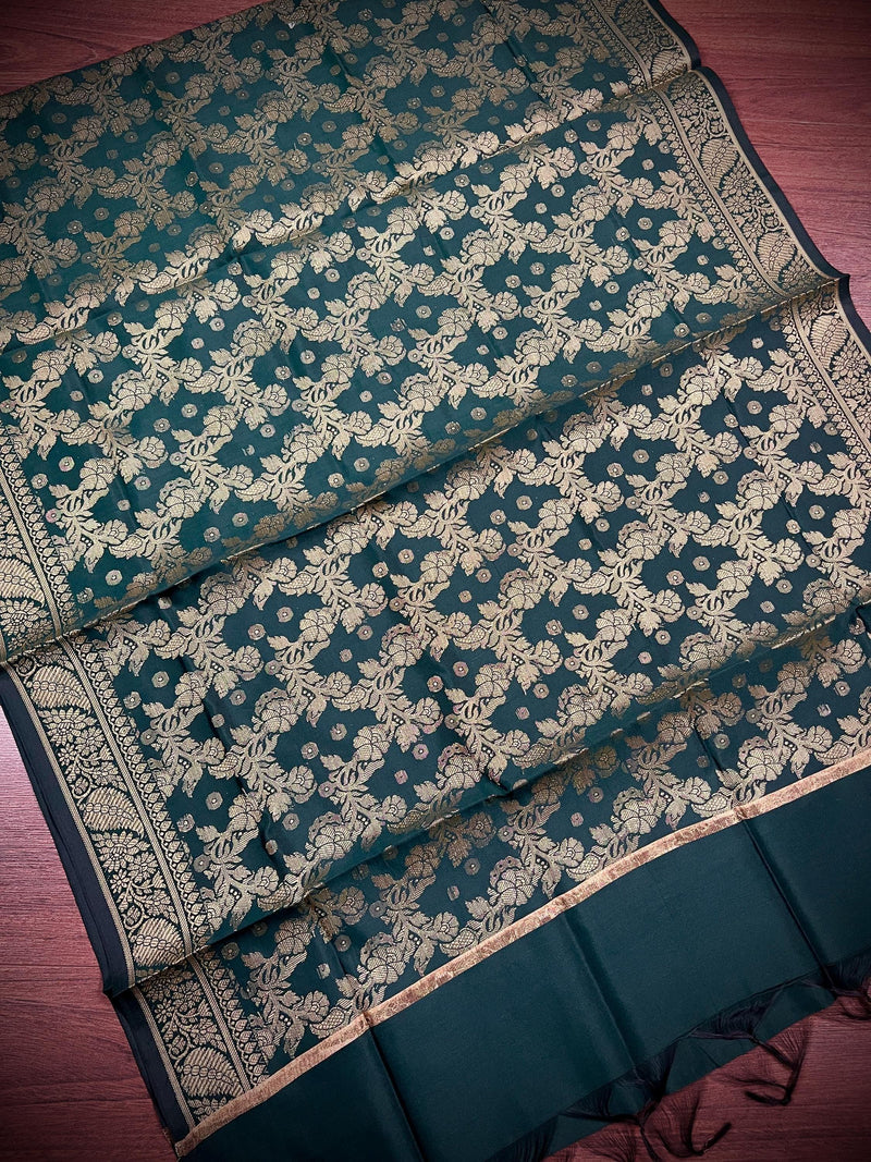 Pine Green Banarasi Silk Jaal Designer Dupatta with Muted Gold Zari| Light Weight Dupatta | Stole | Benarasi Dupatta - Kaash