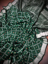 Pine Green Bengal Linen Patola saree in bengal linen with patola design with silver zari borders — Kaash Collection