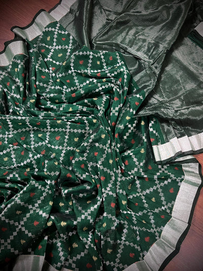 Pine Green Bengal Linen Patola saree in bengal linen with patola design with silver zari borders — Kaash Collection