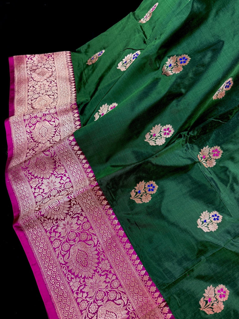 Pine Green with Hot Pink Banarasi saree in pure katan with kadhua weave with meenakari flower butta — Kaash Collection