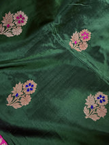 Pine Green with Hot Pink Banarasi saree in pure katan with kadhua weave with meenakari flower butta — Kaash Collection