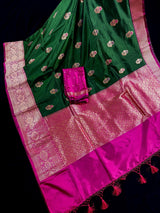 Pine Green with Hot Pink Banarasi saree in pure katan with kadhua weave with meenakari flower butta — Kaash Collection