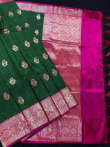 Pine Green with Hot Pink Banarasi saree in pure katan with kadhua weave with meenakari flower butta — Kaash Collection