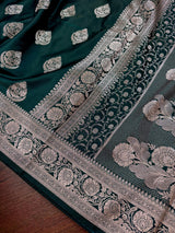 Pine GreenBanarasi Mashru Silk Saree, Muted Gold Zari Weave, Small Border - Kaash
