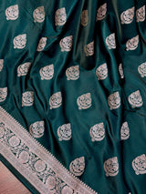 Pine GreenBanarasi Mashru Silk Saree, Muted Gold Zari Weave, Small Border - Kaash
