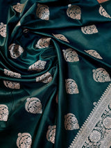 Pine GreenBanarasi Mashru Silk Saree, Muted Gold Zari Weave, Small Border - Kaash