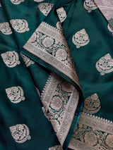Pine GreenBanarasi Mashru Silk Saree, Muted Gold Zari Weave, Small Border - Kaash