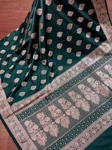Pine GreenBanarasi Mashru Silk Saree, Muted Gold Zari Weave, Small Border - Kaash