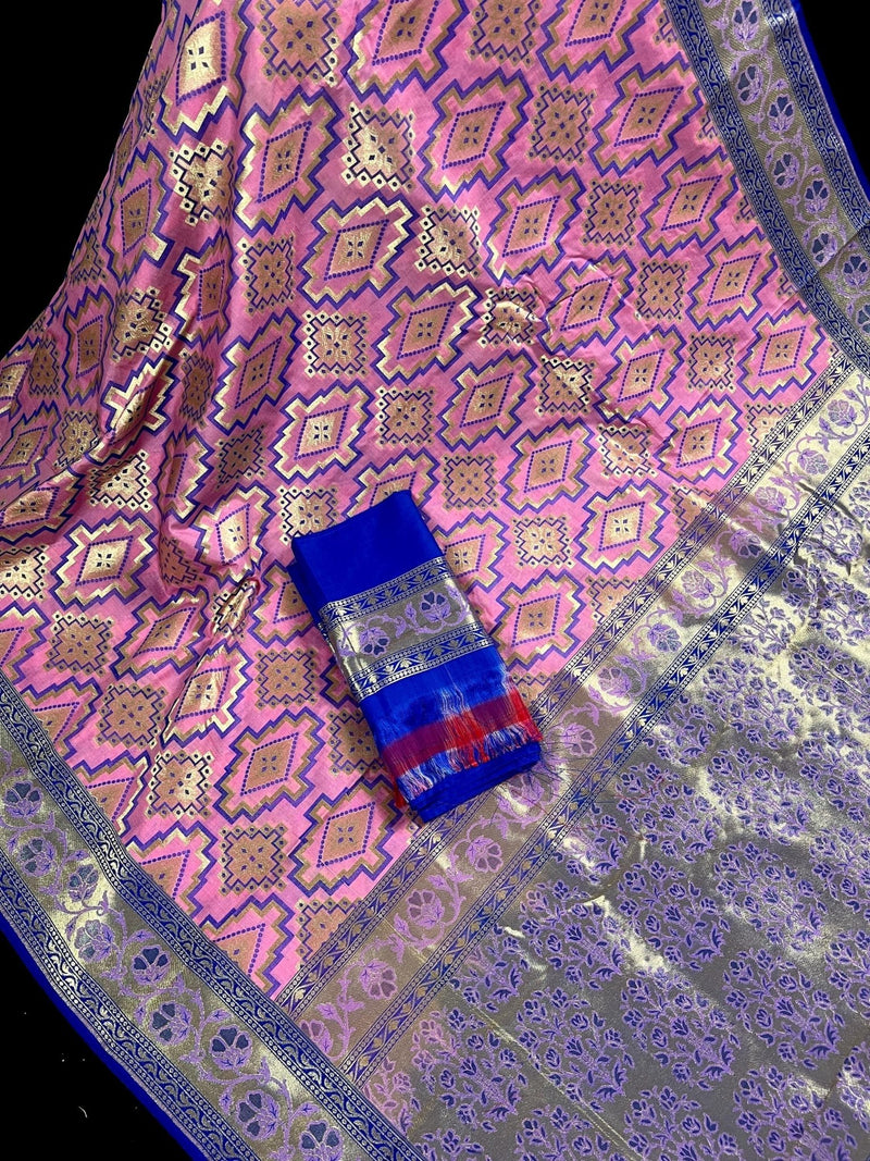 Pink & Blue Ikkat Semi Banarasi saree in semi banarasi silk with ikkat with paithani borders & meenakari — Kaash Collection