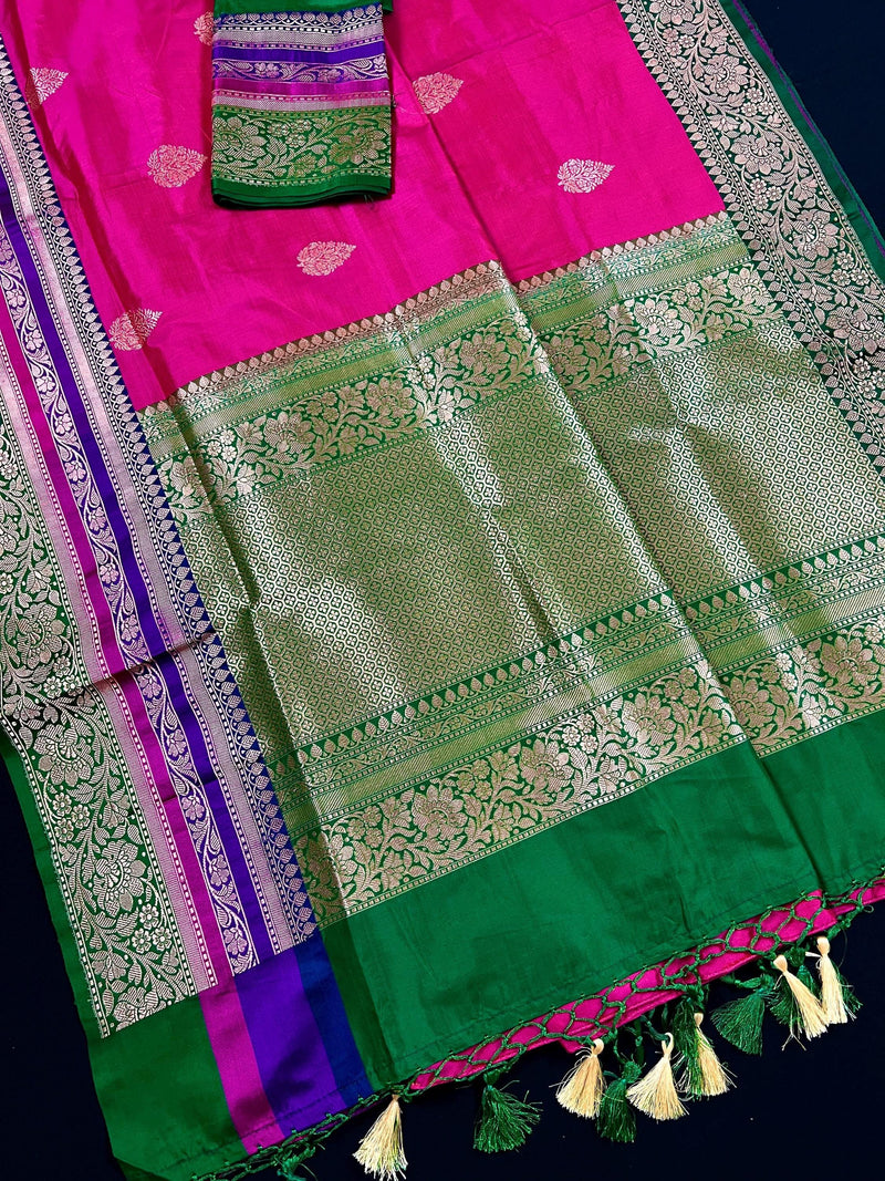 Pink and Green Color Pure Katan Silk Saree with Cooper Zari Weave | Pure Silk Sarees | Pink Color Sarees | SILK MARK CERTIFIED - Kaash