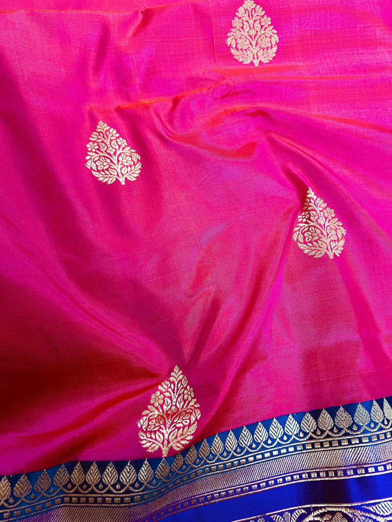 Pink and Green Color Pure Katan Silk Saree with Cooper Zari Weave | Pure Silk Sarees | Pink Color Sarees | SILK MARK CERTIFIED - Kaash