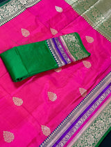 Pink and Green Color Pure Katan Silk Saree with Cooper Zari Weave | Pure Silk Sarees | Pink Color Sarees | SILK MARK CERTIFIED - Kaash