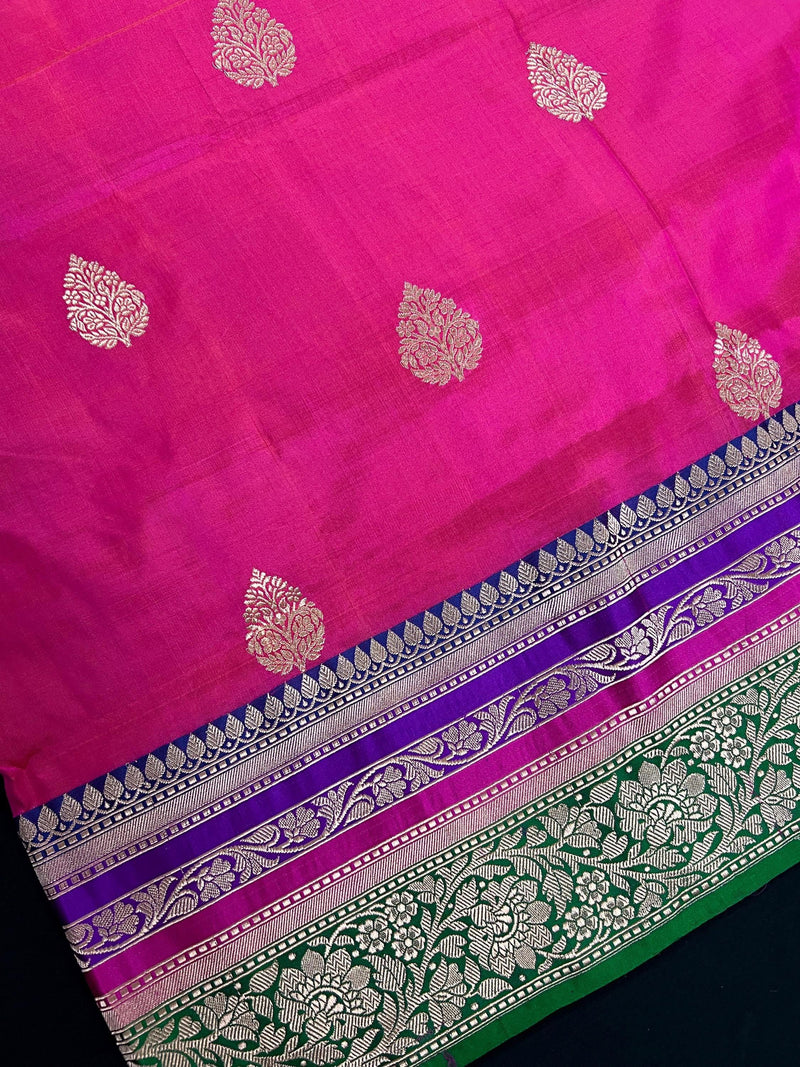 Pink and Green Color Pure Katan Silk Saree with Cooper Zari Weave | Pure Silk Sarees | Pink Color Sarees | SILK MARK CERTIFIED - Kaash