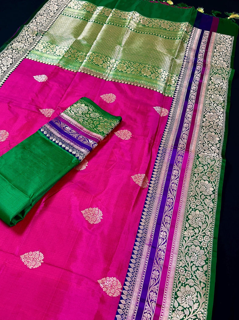 Pink and Green Color Pure Katan Silk Saree with Cooper Zari Weave | Pure Silk Sarees | Pink Color Sarees | SILK MARK CERTIFIED - Kaash