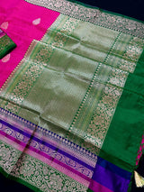Pink and Green Color Pure Katan Silk Saree with Cooper Zari Weave | Pure Silk Sarees | Pink Color Sarees | SILK MARK CERTIFIED - Kaash