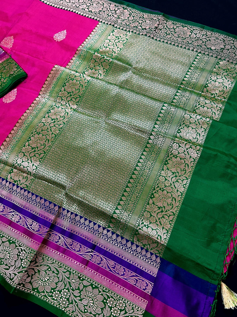 Pink and Green Color Pure Katan Silk Saree with Cooper Zari Weave | Pure Silk Sarees | Pink Color Sarees | SILK MARK CERTIFIED - Kaash