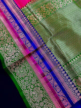 Pink and Green Color Pure Katan Silk Saree with Cooper Zari Weave | Pure Silk Sarees | Pink Color Sarees | SILK MARK CERTIFIED - Kaash