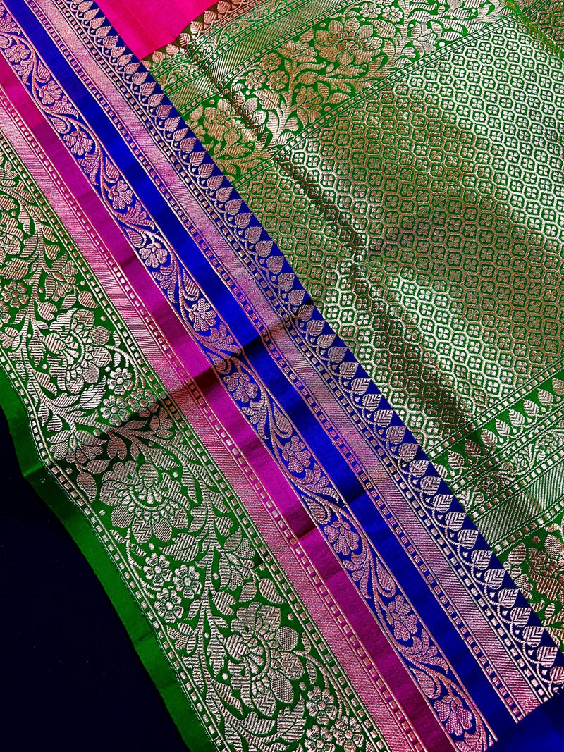 Pink and Green Color Pure Katan Silk Saree with Cooper Zari Weave | Pure Silk Sarees | Pink Color Sarees | SILK MARK CERTIFIED - Kaash