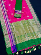 Pink and Green Color Pure Katan Silk Saree with Cooper Zari Weave | Pure Silk Sarees | Pink Color Sarees | SILK MARK CERTIFIED - Kaash
